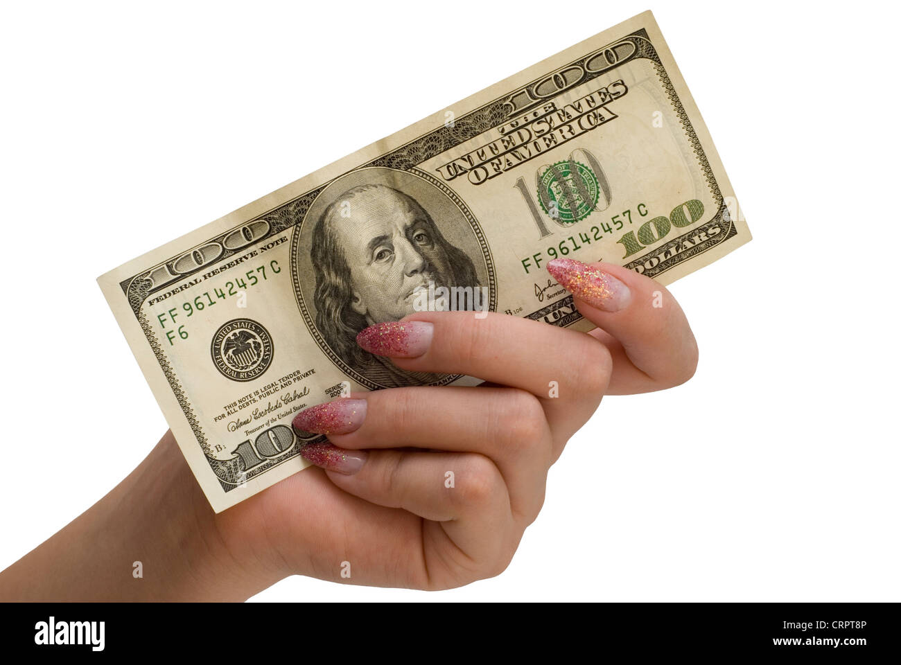 hand and 100 dollars isolated on a white background Stock Photo