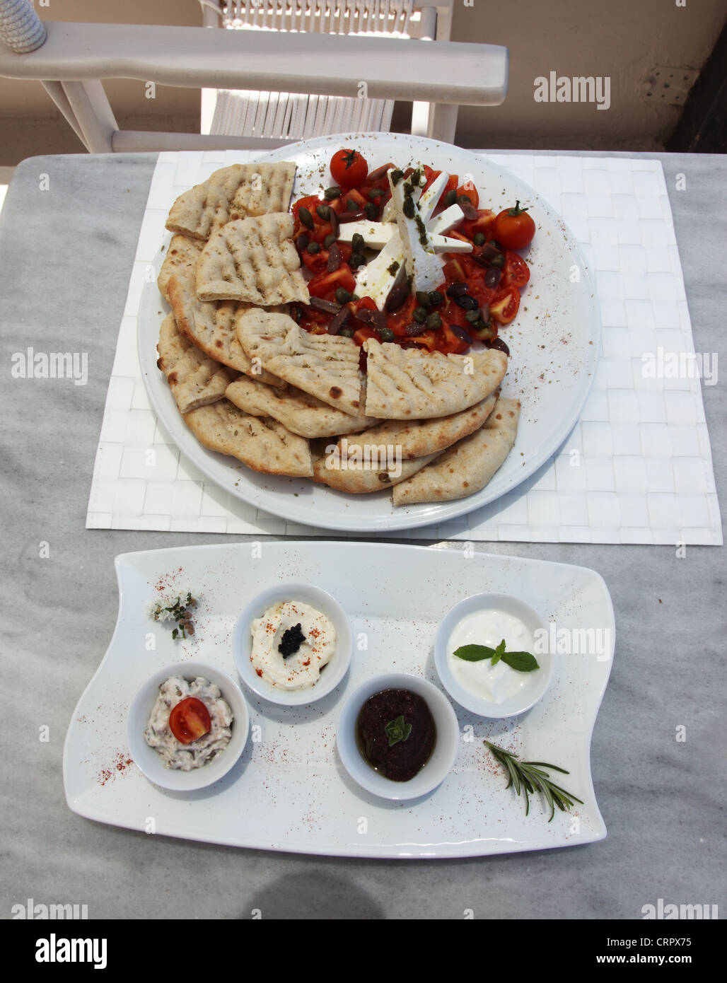 Greek Salad, Lava Hotel & Restaurant, Fira, Santorini Stock Photo