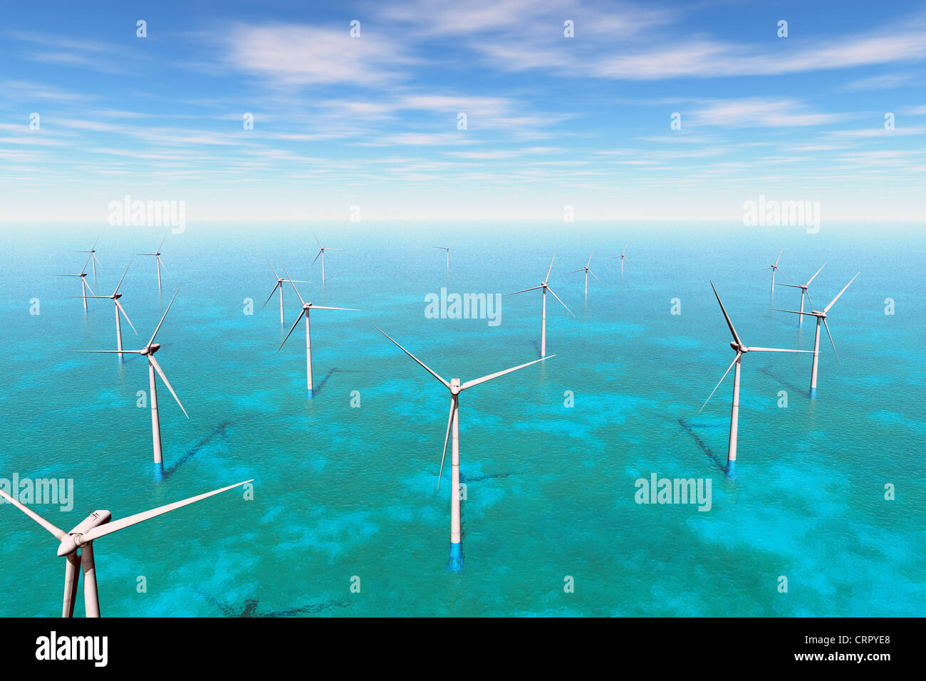 Wind Farm in the Sea 3D render Stock Photo