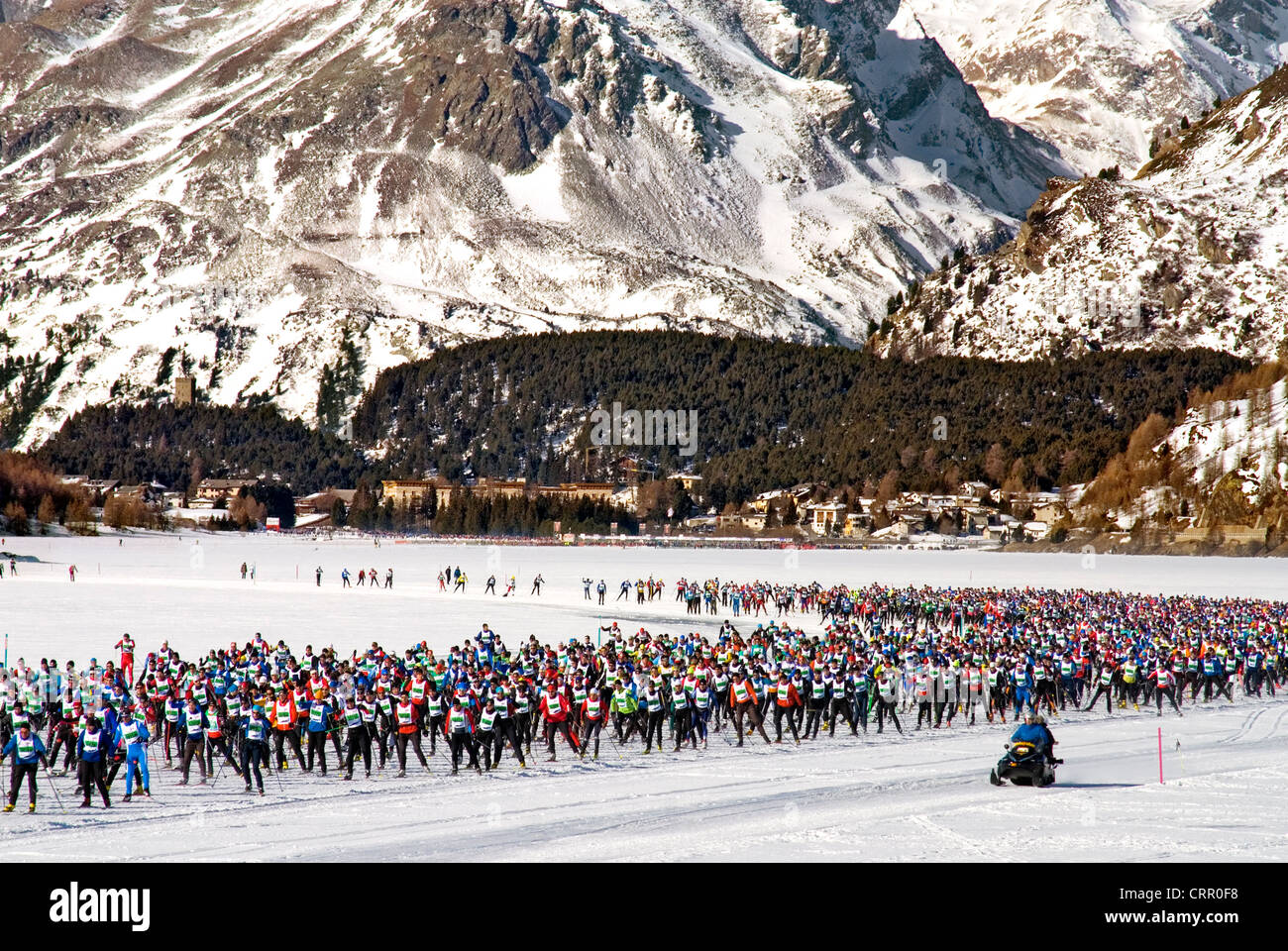 CrossCountry Skiier during Engadin Ski Marathon, Upper Engadine valley, Switzerland Stock Photo