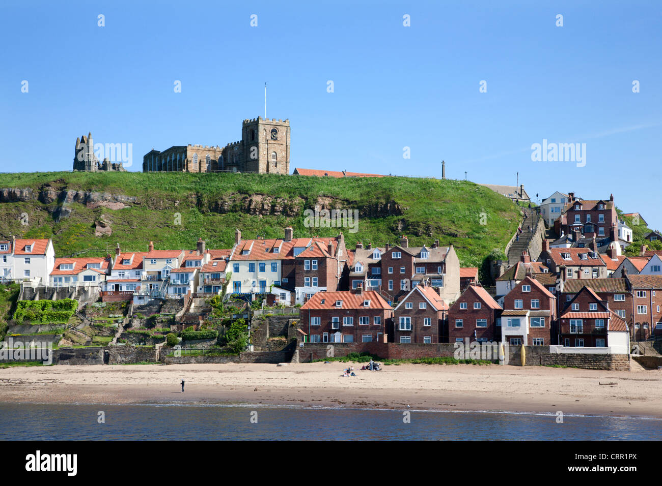 Tate Hill Sands below Whitby Abbey and St Marys Church Whitby North Yorkshire England Stock Photo