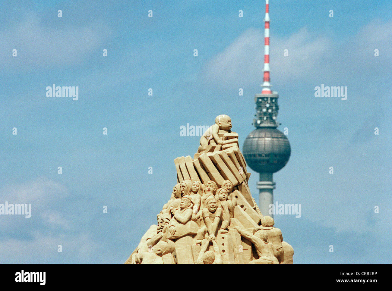 The sand sculpture faces a big city in Berlin Stock Photo
