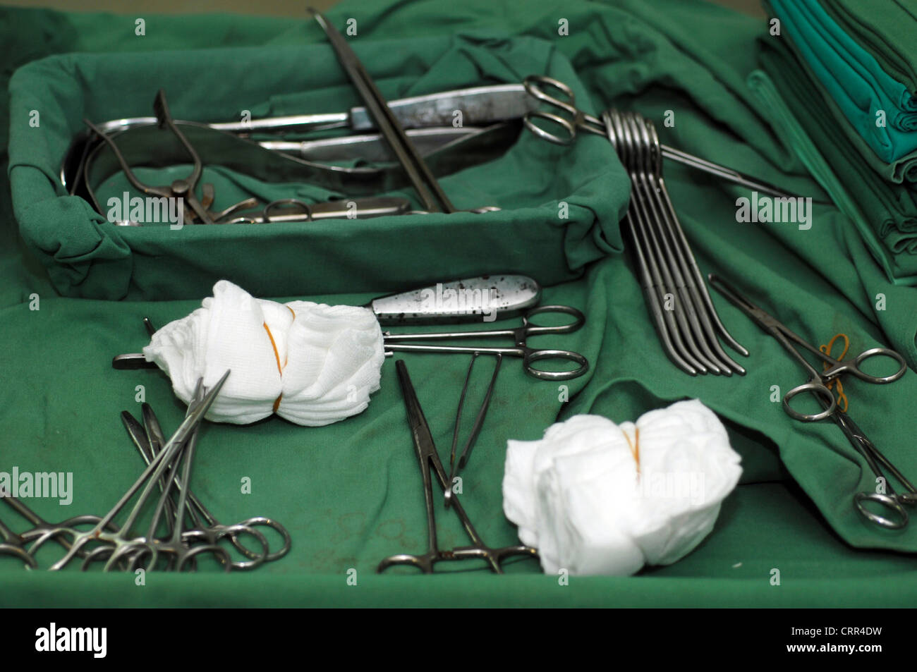 Surgical tools and bandages ready for use in surgery Stock Photo