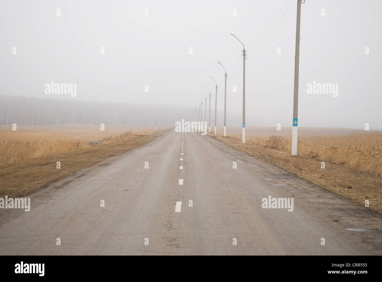 foggy country road in nothern Kazakhstan Stock Photo