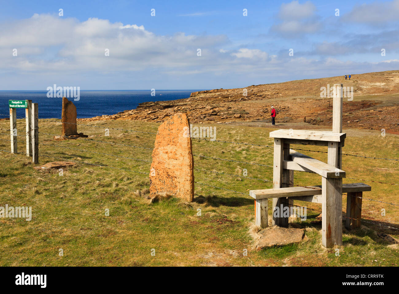 Stile on clifftop coastal footpath to Broch of Borwick on west mainland coast at Yesnaby Orkney Islands Scotland UK Britain Stock Photo