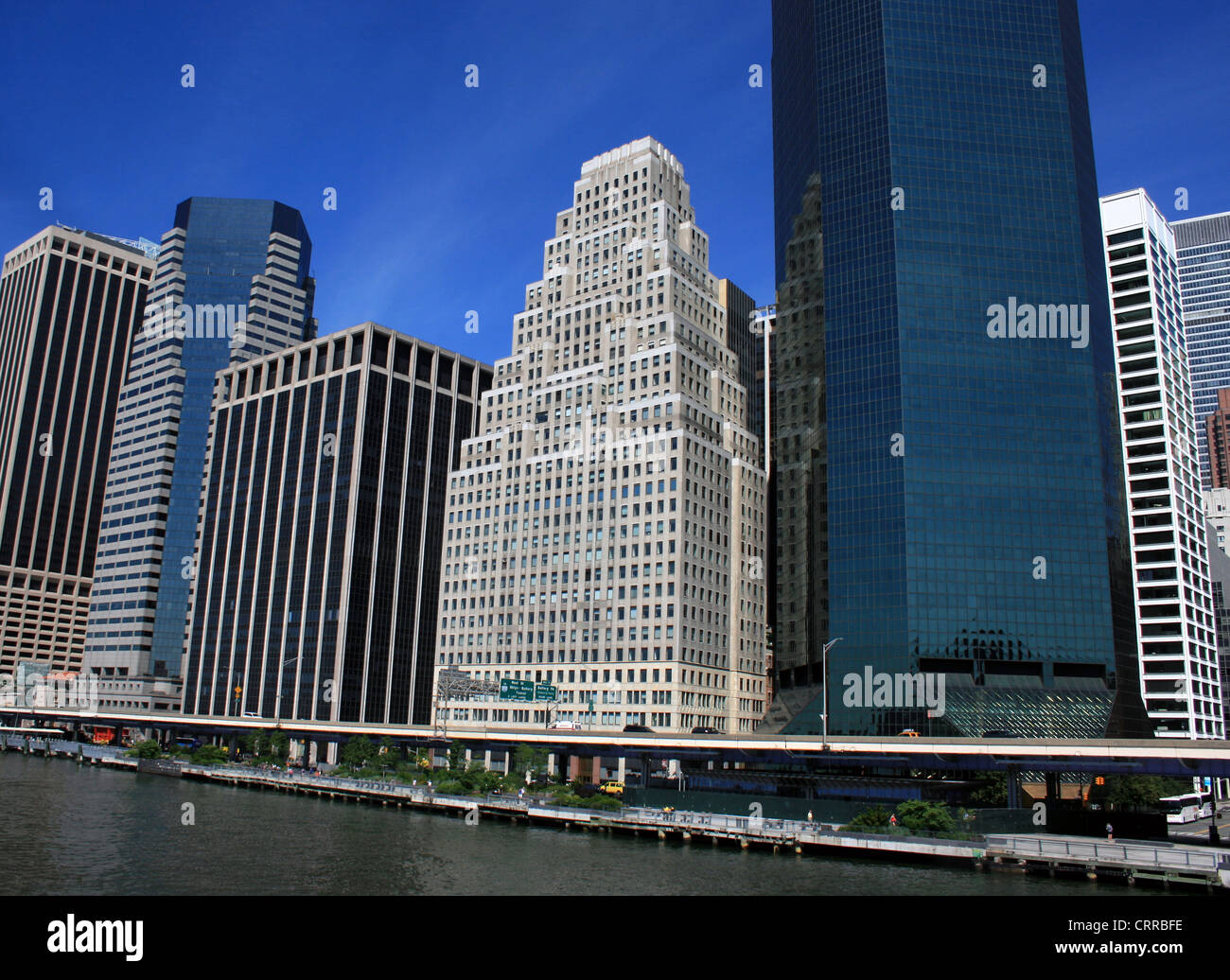 Lower Manhattan skyline along the East River. Stock Photo