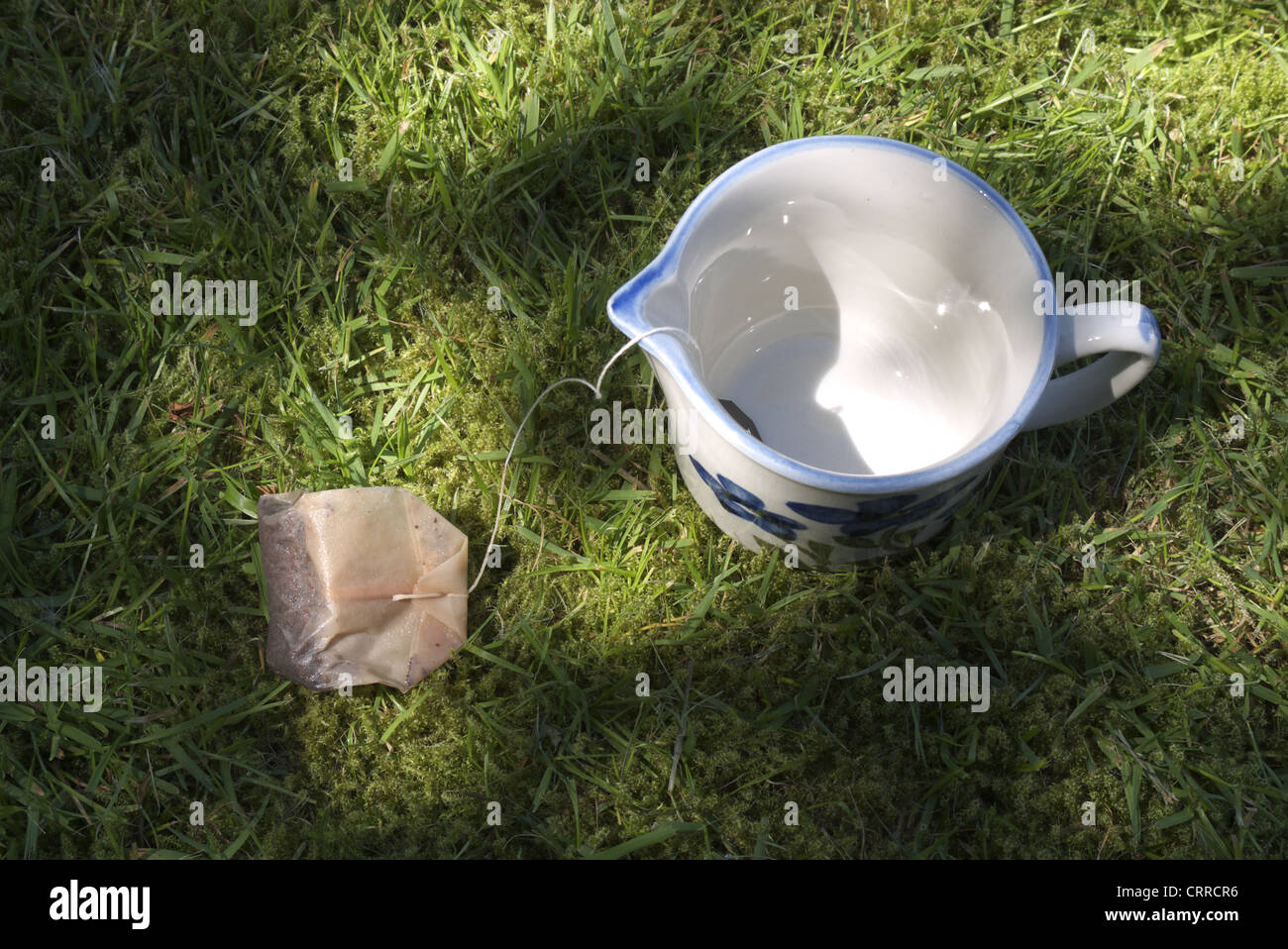 A thrown tea bag misses the cup it was thrown at and lands on the grass Stock Photo