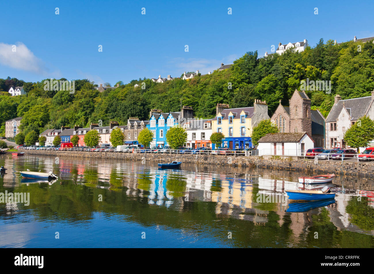 Isle of Mull Tobermory harbour at high tide with small fishing boats Isle of Mull Inner Hebrides Argyll and Bute Scotland UK GB EU Europe Stock Photo