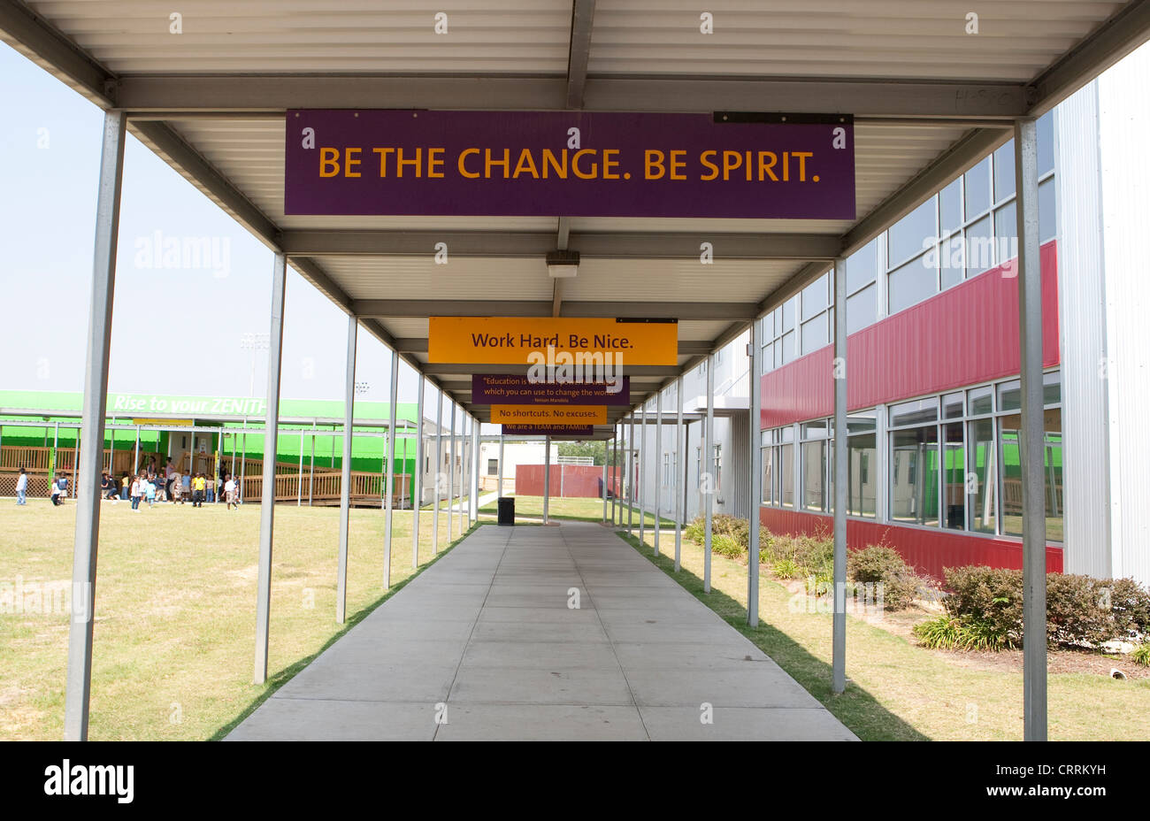 Signs with positive phrases on campus of KIPP Sunnyside High school, a