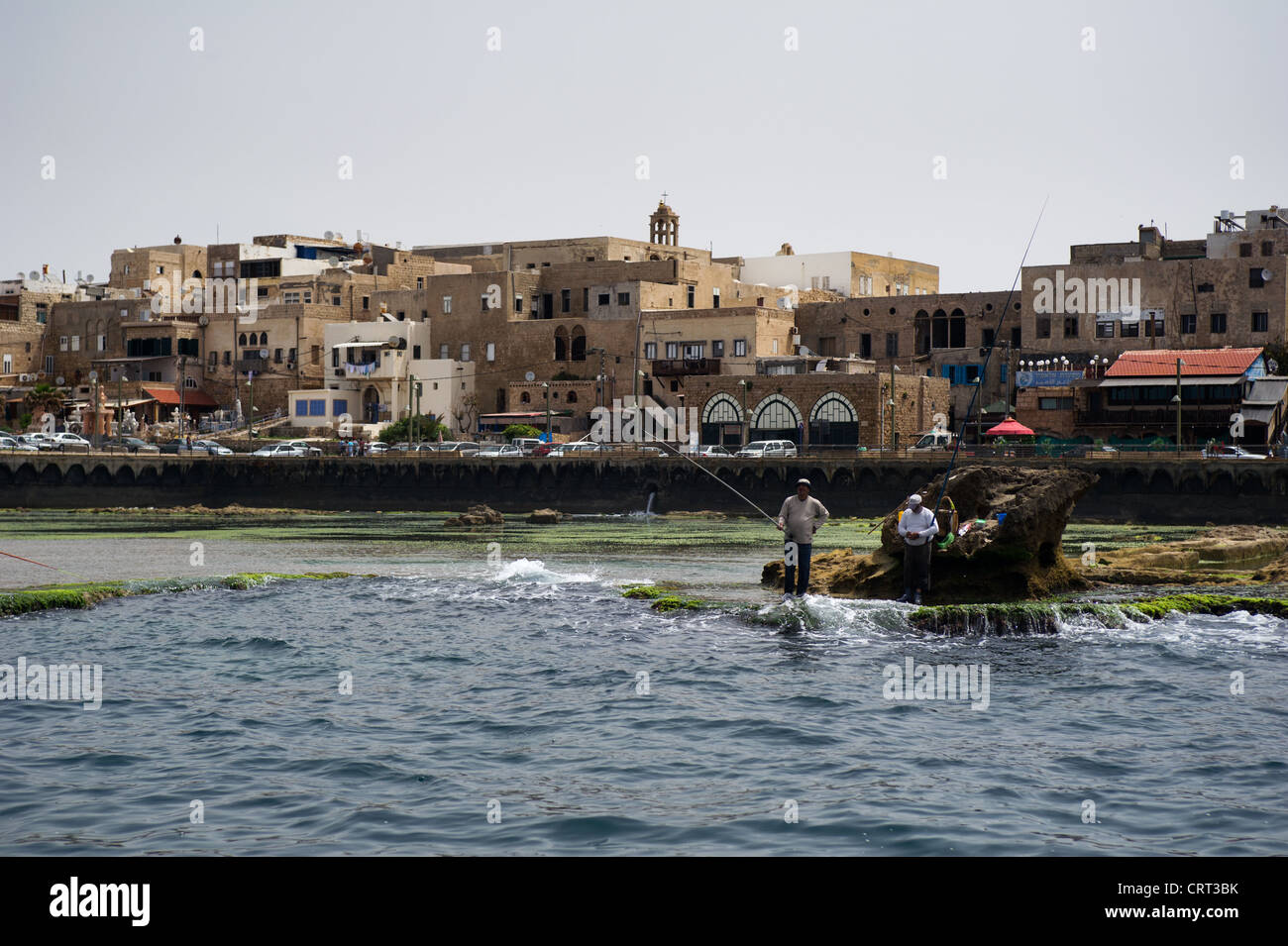 Fishers on the view of ancient crusader fortress in the town of Akko, Israel Stock Photo