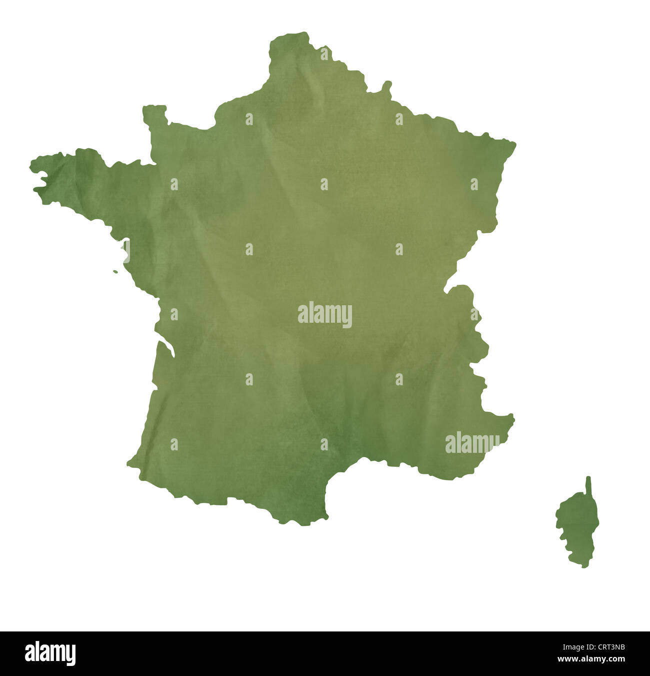 France map in old green paper isolated on white background. Stock Photo