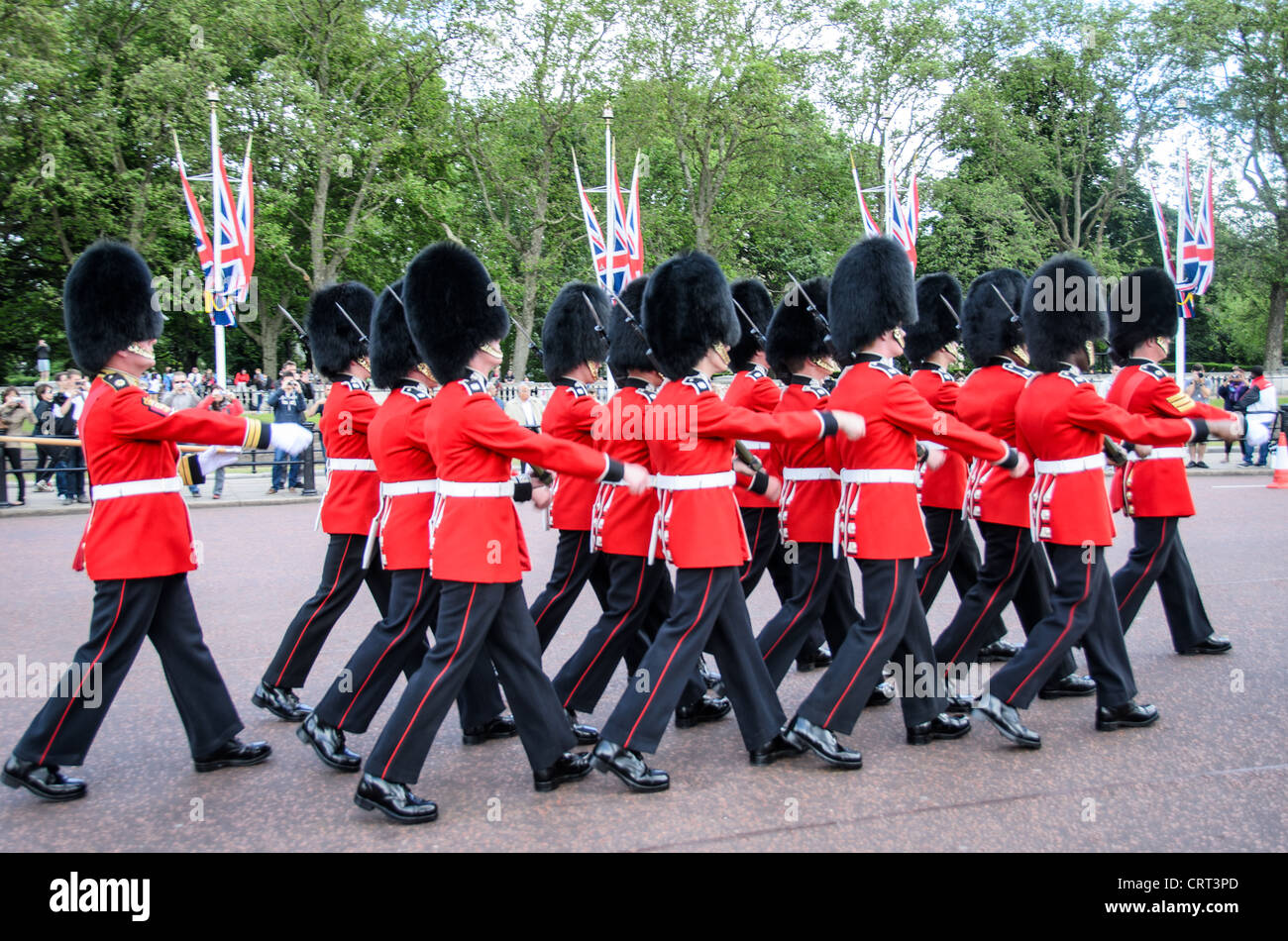 LONDON, United Kingdom — Grenadier Guards participate in a ceremonial parade at Buckingham Palace. This elite regiment of the British Army is known for their iconic uniform and precision in drill, representing the United Kingdom's rich military heritage. Stock Photo