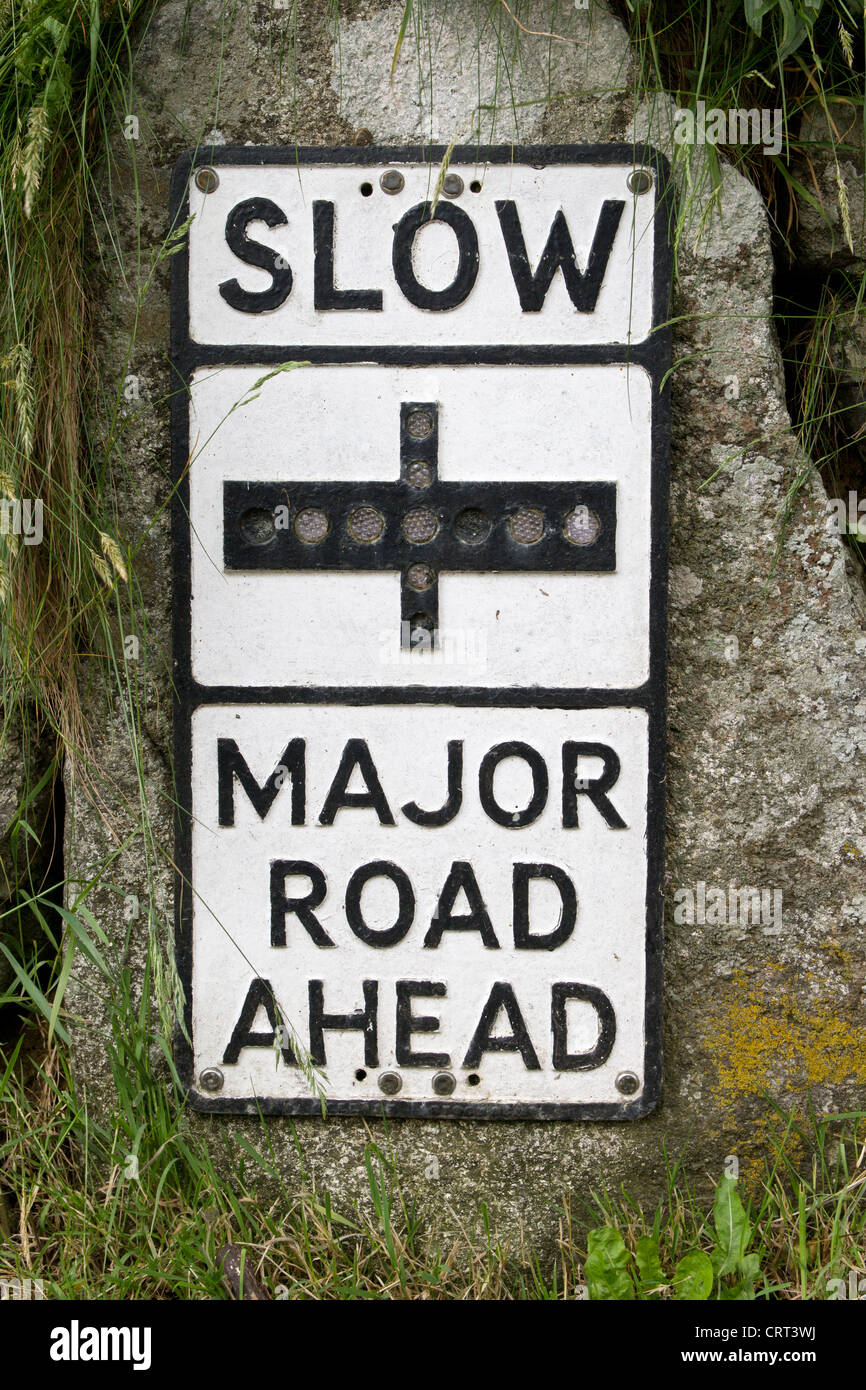 Vintage Old Road Sign SLOW Major Road Ahead Stock Photo