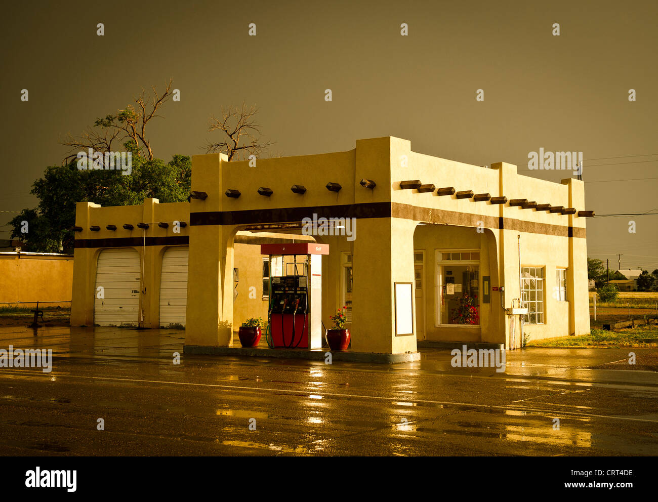 A summer thunderstorm left the roads wet in Roy, New Mexico Stock Photo