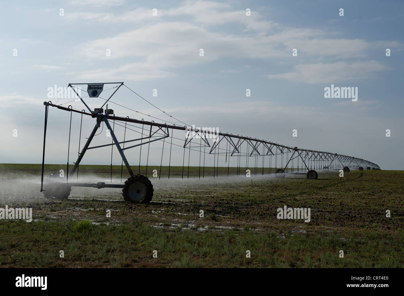 Circle irrigation system in Oklahoma panhandle sprays water to grow crops such as corn, milo and