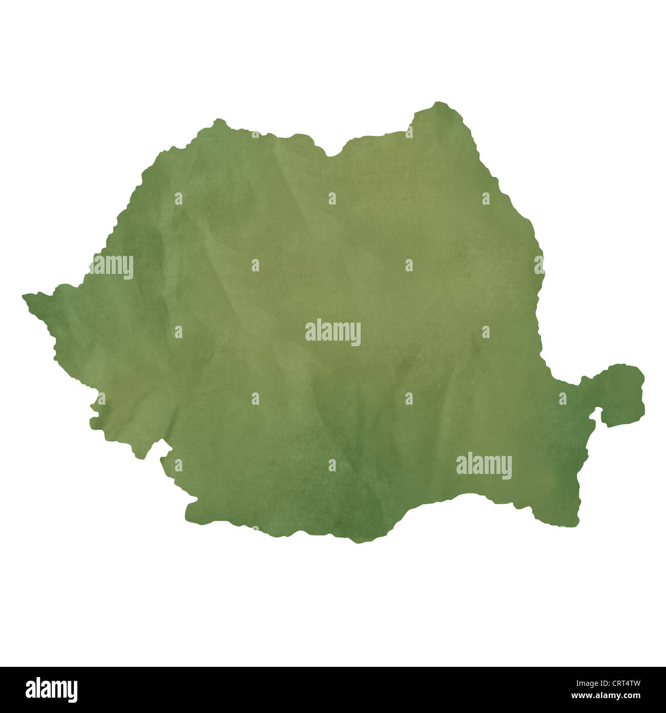 Romania map in old green paper isolated on white background. Stock Photo