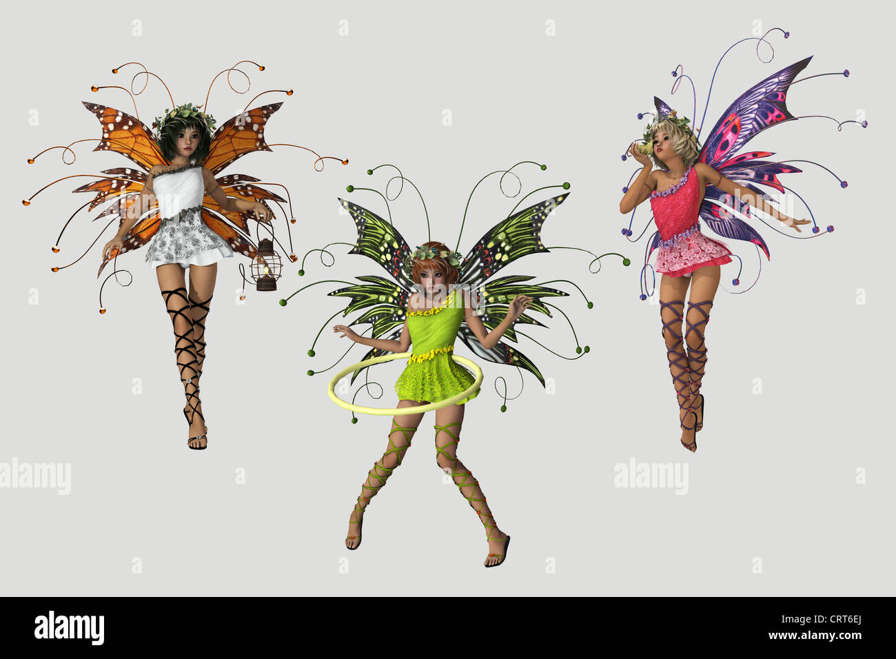 3 cute fairies in different poses and several colored dresses Stock Photo