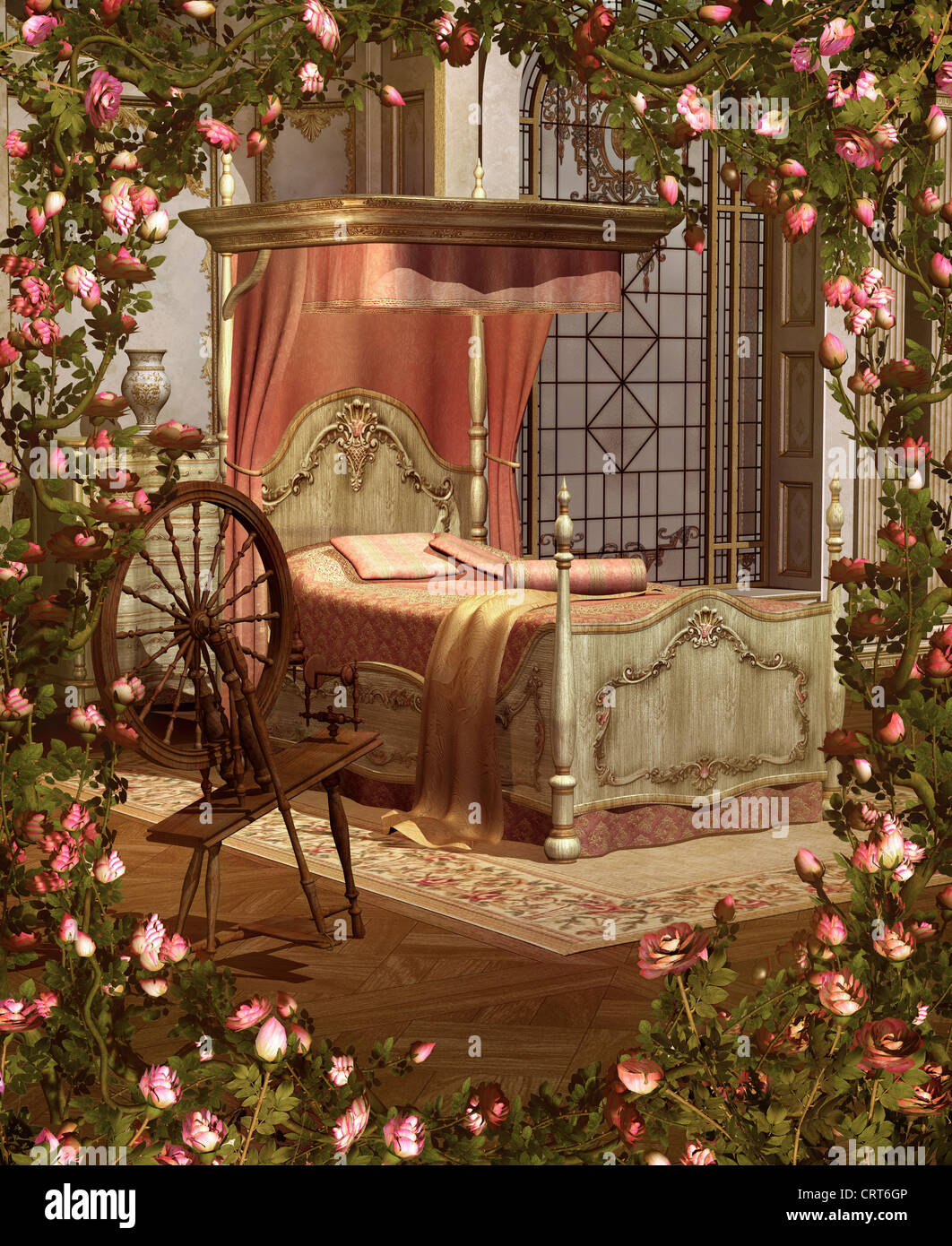 A pink bedroom with spinning wheel surrounded by roses Stock Photo