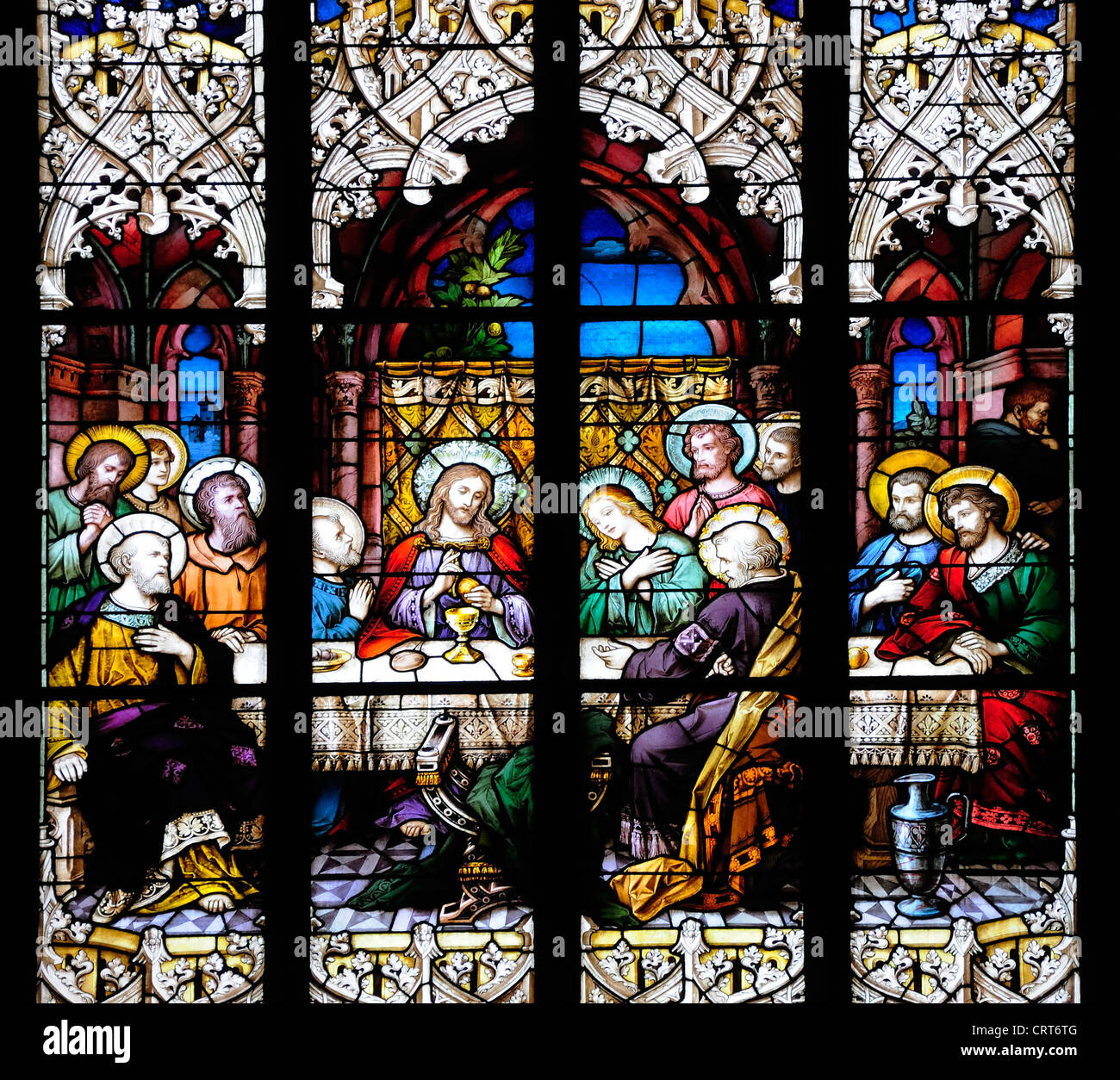 Namur, Belgium. Eglise St Jean-Baptist / Church of St John the Baptist (16thC) Stained glass window - the Last Supper Stock Photo