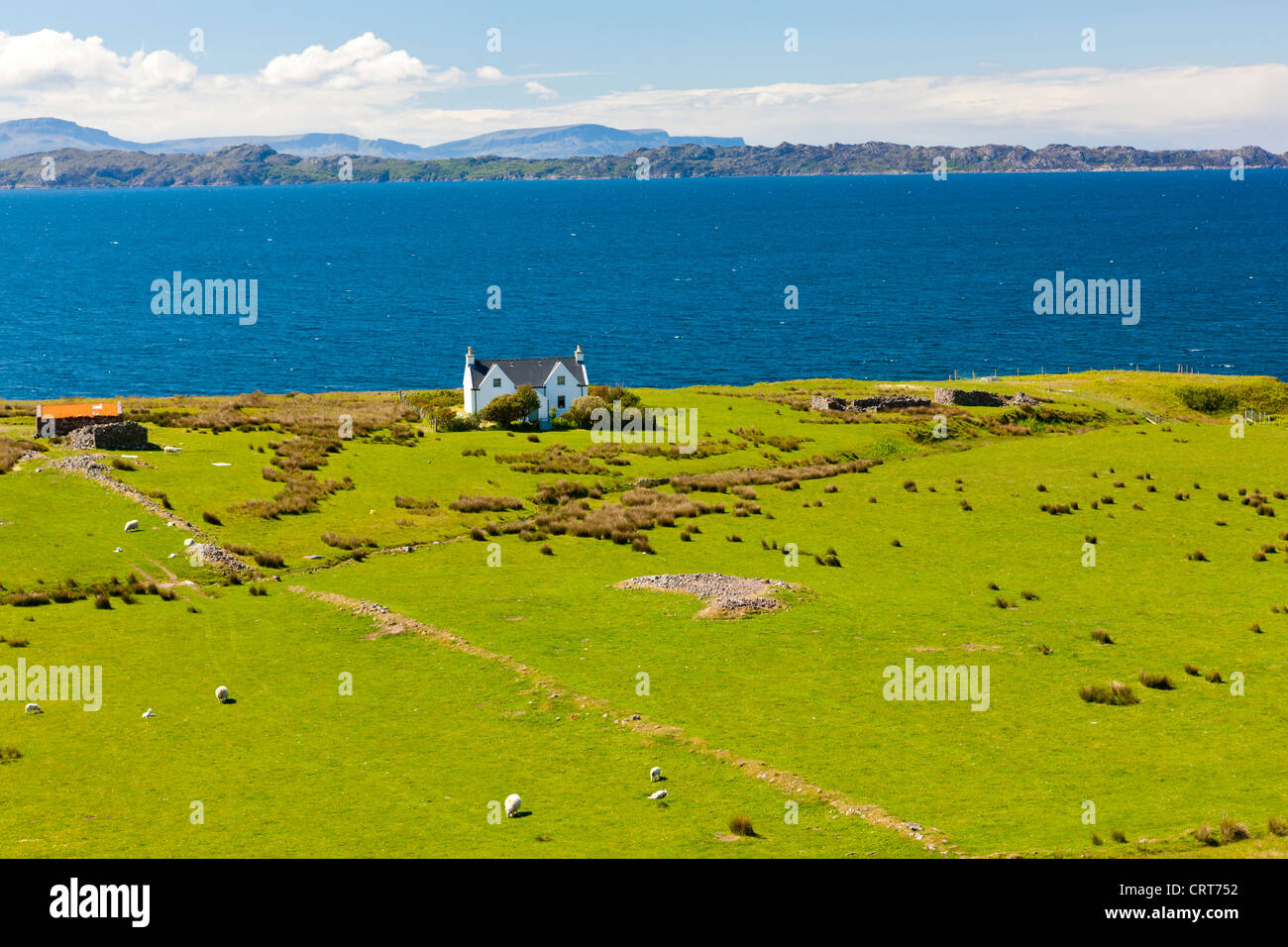 Old farmhouse, Inner Sound towards Island of Raasay, Wester Ross in the North West Highlands of Scotland, United Kingdom, Europe Stock Photo