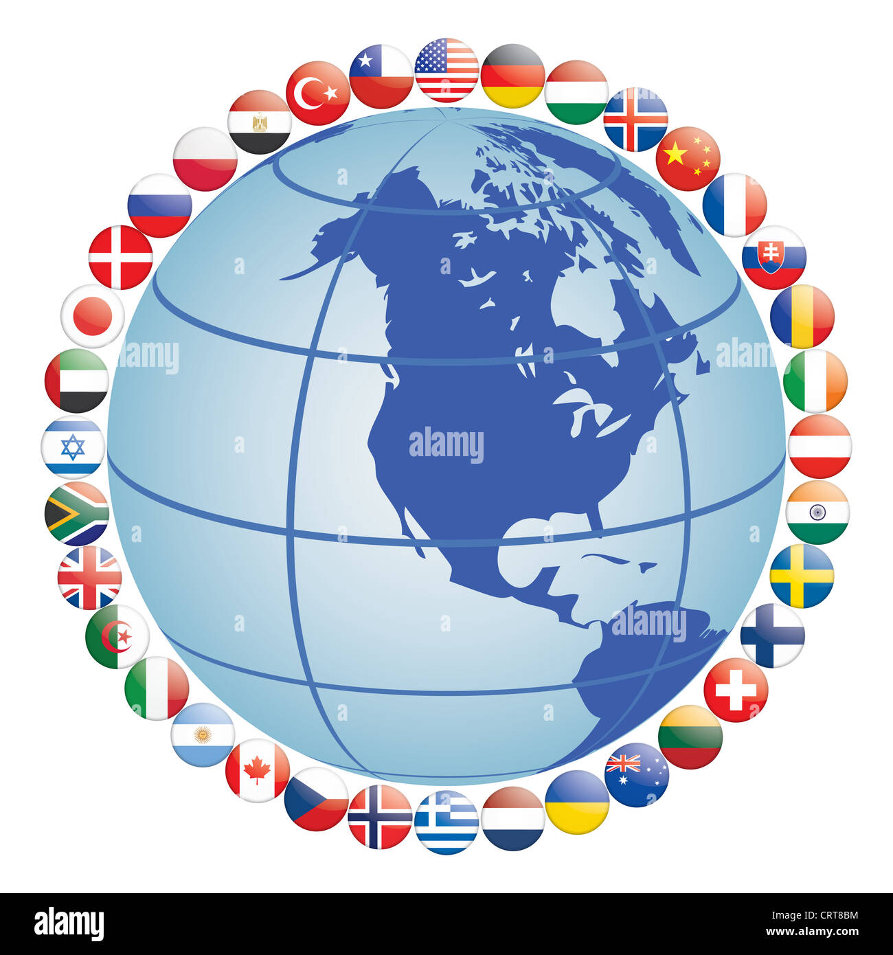 flag icons around globe vector illustration Stock Photo