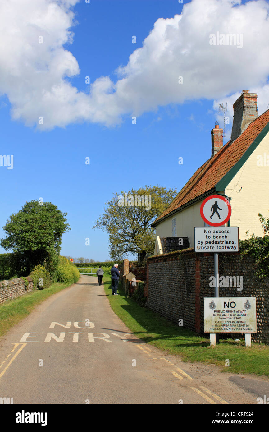 No entry to cliff edge along country lane at Covehithe Suffolk England UK Stock Photo