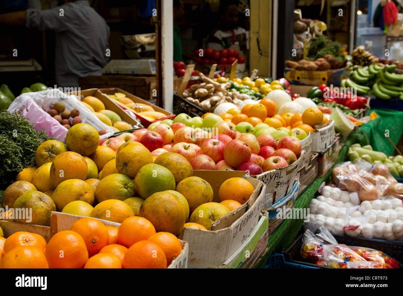 Fruit on display outside a store in Brixton Village, Brixton Market Stock Photo