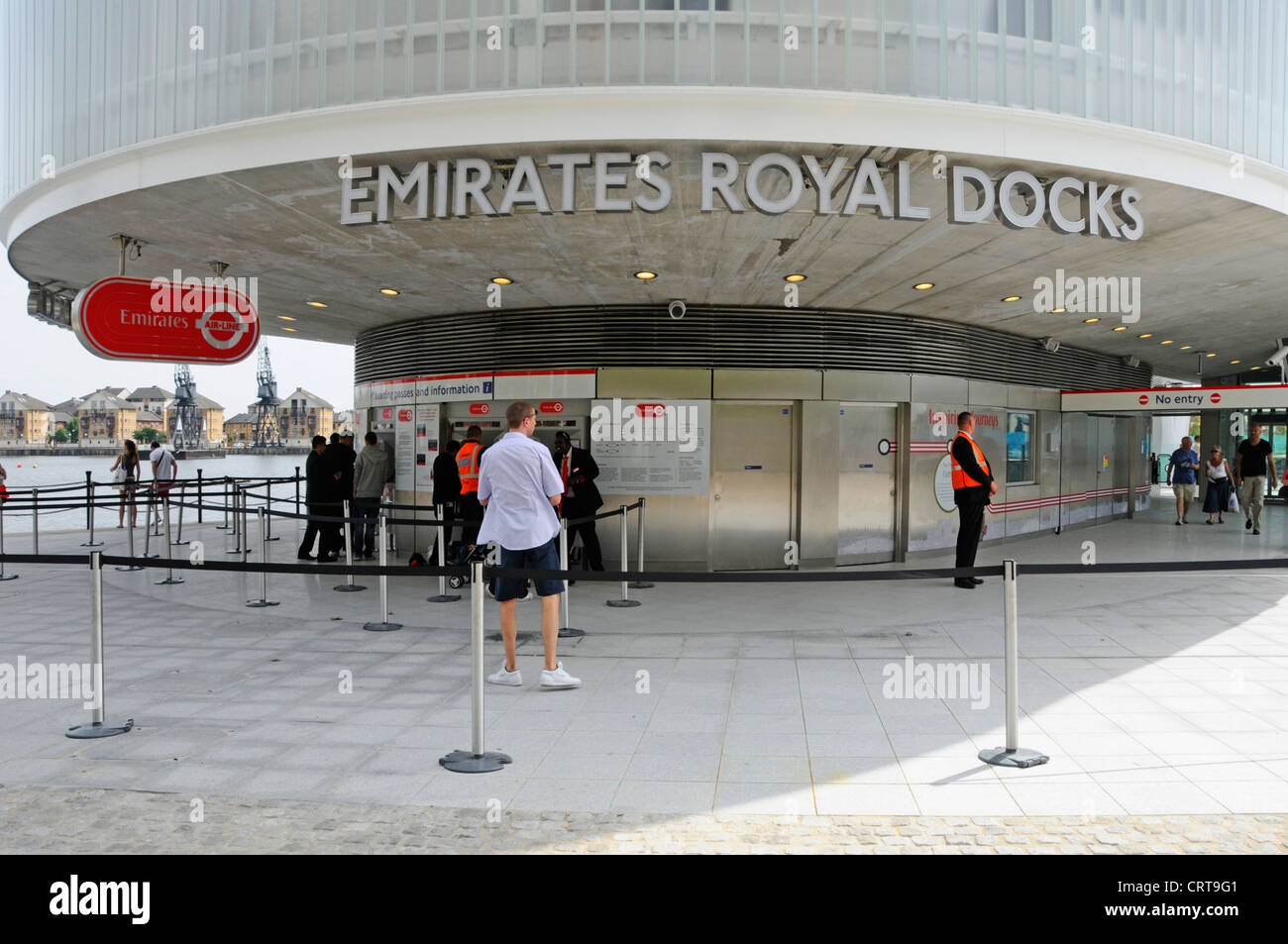Ticket office for Emirates Air Line sponsored cable car crossing River Thames between Greenwich Peninsula and Royal Docks Stock Photo
