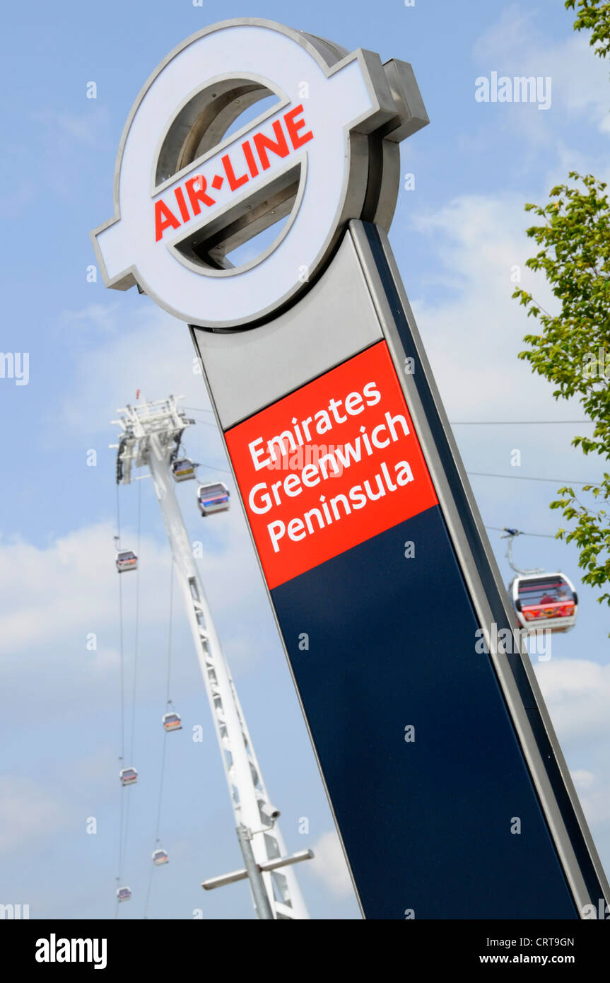 Emirates Air Line sponsored cable car service crossing the River Thames ...