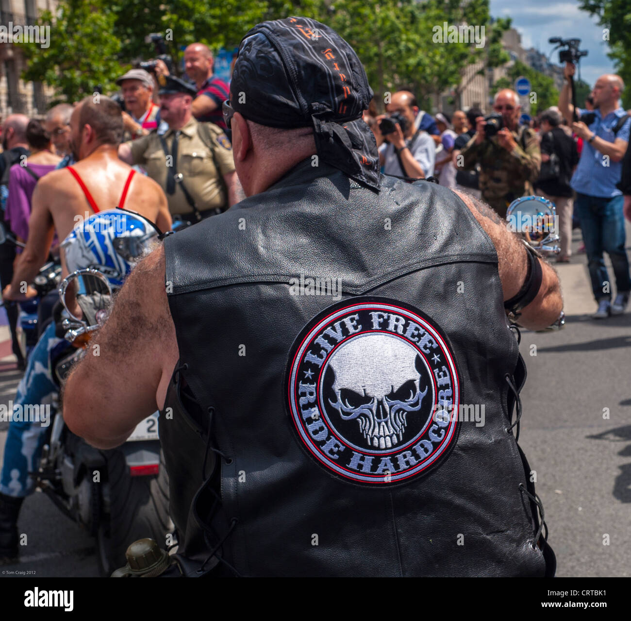 Paris, France, Detail, Macho Man with Club Logo on Back, on Large  Motorcycle, Driving in the annual Gay Pride (LGBT) Parade Live Free Stock  Photo - Alamy