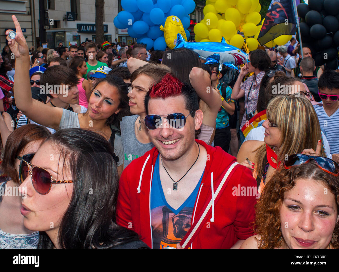Paris, France, young lesbians and gay men, Crowd of French Teens Partying at Gay Pride (LGBT) pride march Stock Photo