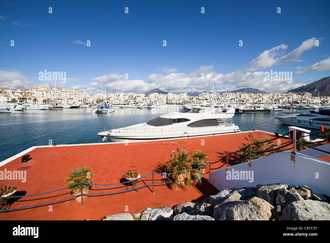 Motorboats and yachts marina in luxury resort of Puerto Banus on Costa del Sol, Andalucia, Spain. Stock Photo