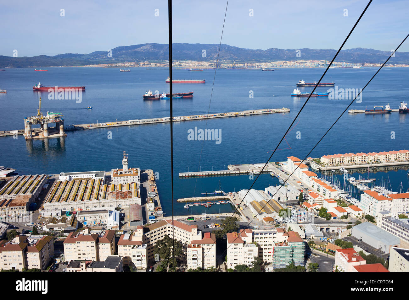 View from a cable car on an urban scenery of Gibraltar town and bay. Stock Photo