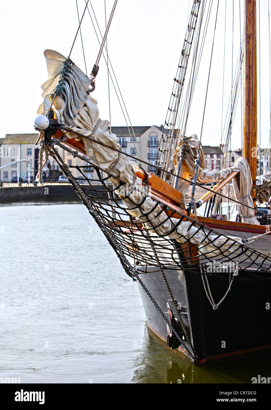 bowsprit of traditional sailing vessel pirate ship sails and rigging