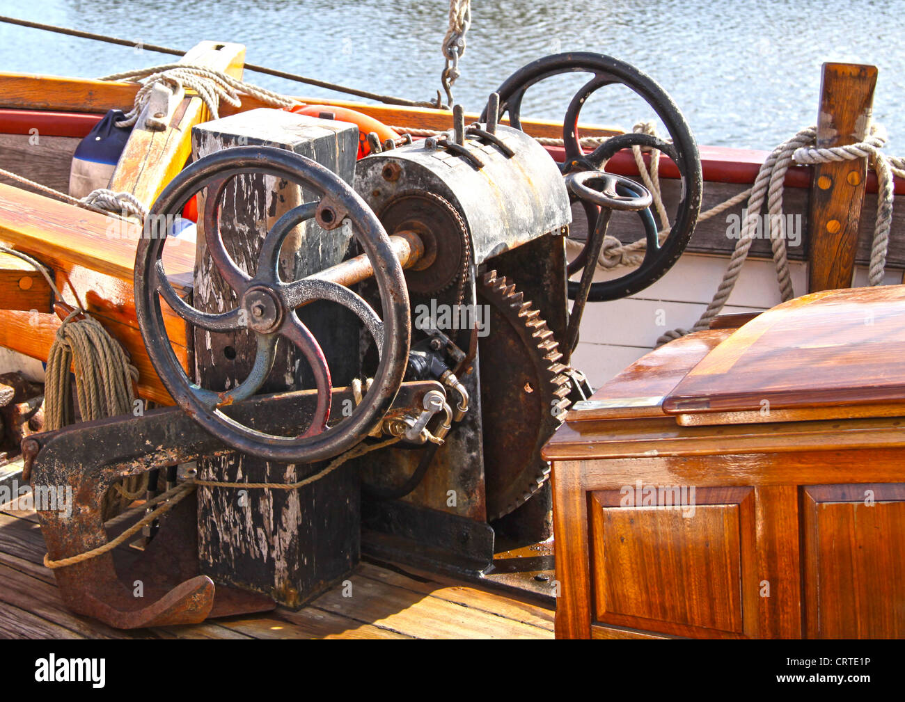 traditional winch on board sailing vessel bright work on traditional