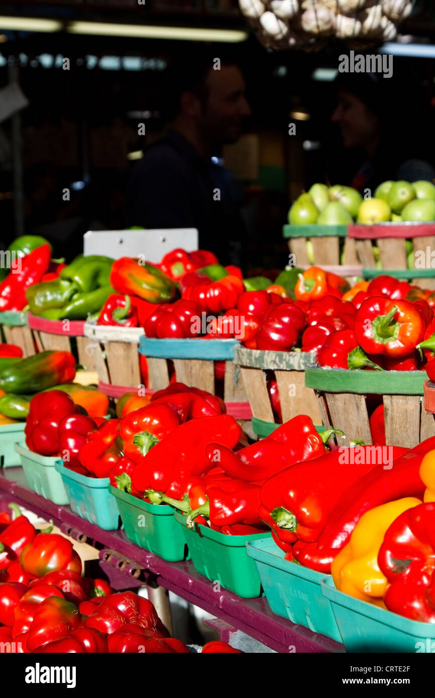 Assortment of peppers for sale at Jean Talon Market, Montreal, Quebec Stock Photo