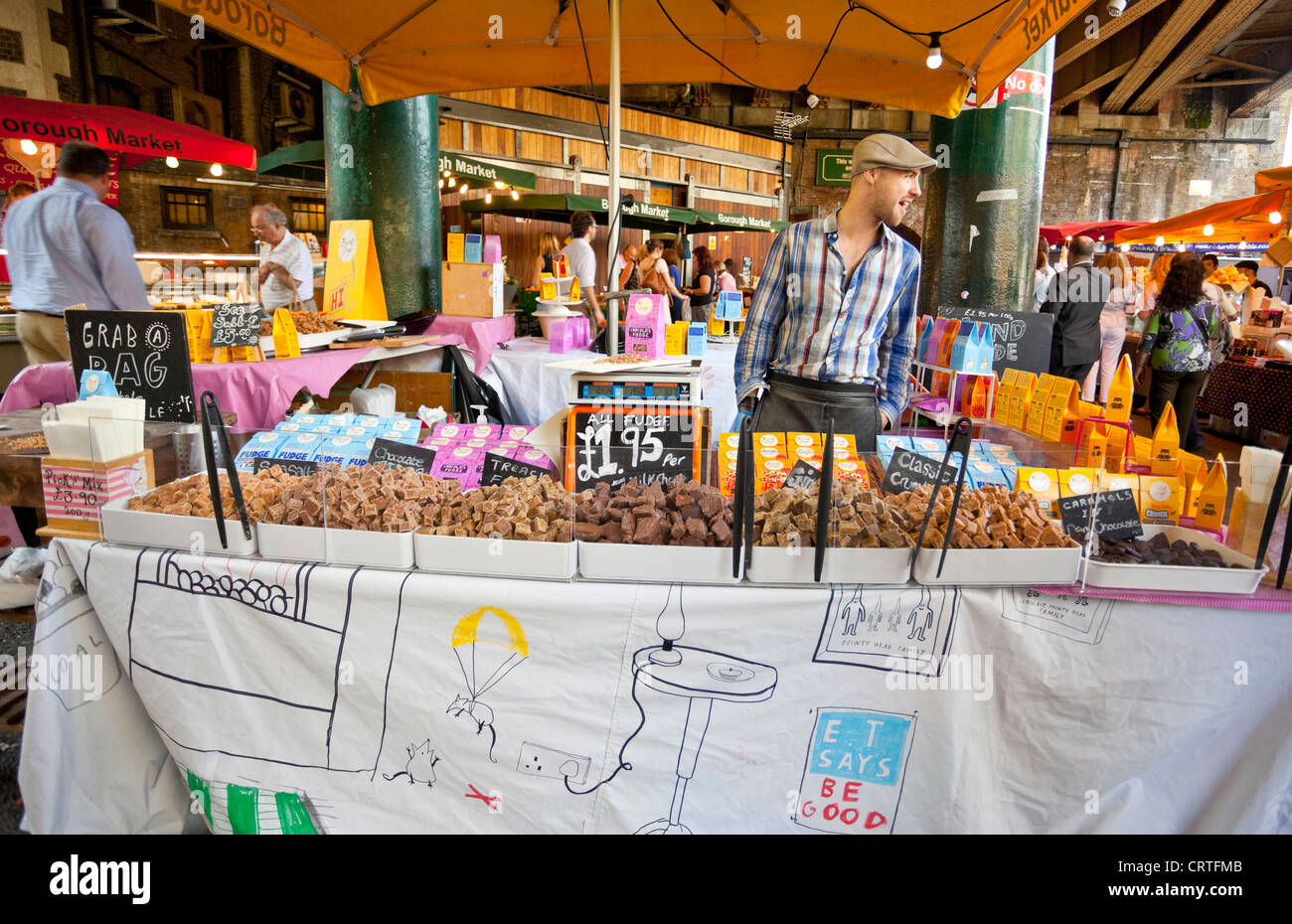 Fudge and chocolate for sale at a stall in Borough Market, London