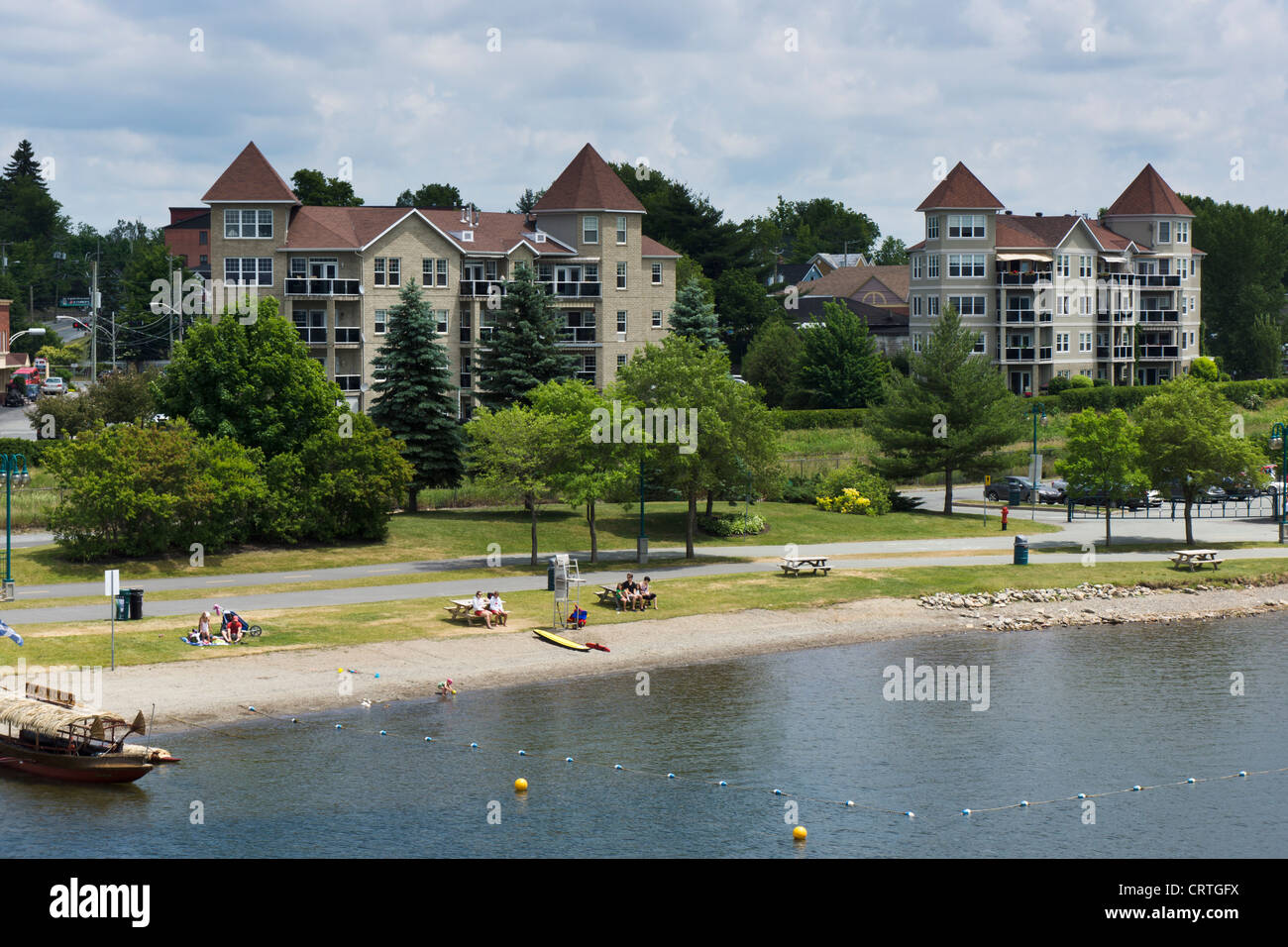 Beach and condos at Lake Memphremagog, Magog, Eastern Townships, Quebec