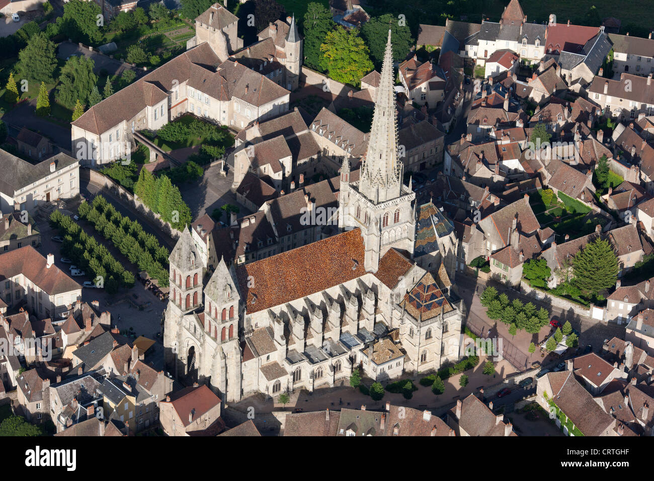 AERIAL VIEW. Saint-Lazarus Cathedral. Autun, Saône-et-Loire, Bourgogne-Franche-Comté, France. Stock Photo