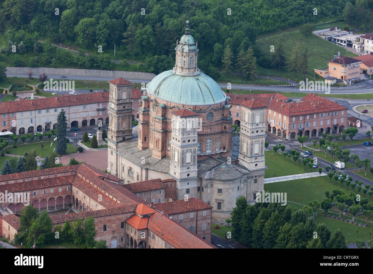 AERIAL VIEW. Vicoforte Sanctuary. Vicoforte, Cuneo Province, Piedmont, Italy. Stock Photo
