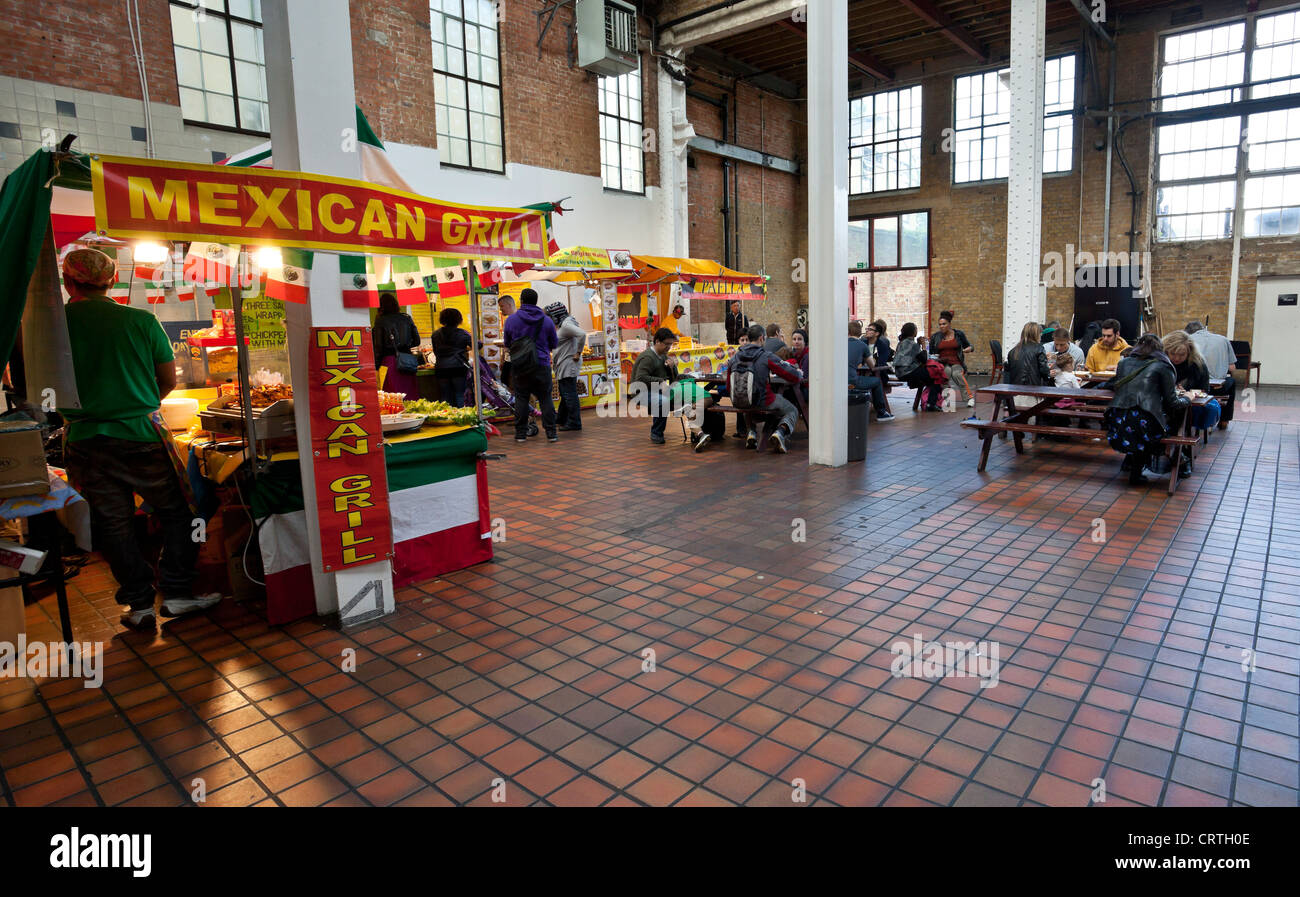 Food stalls and hall inside the Old Truman Brewery, Brick Lane