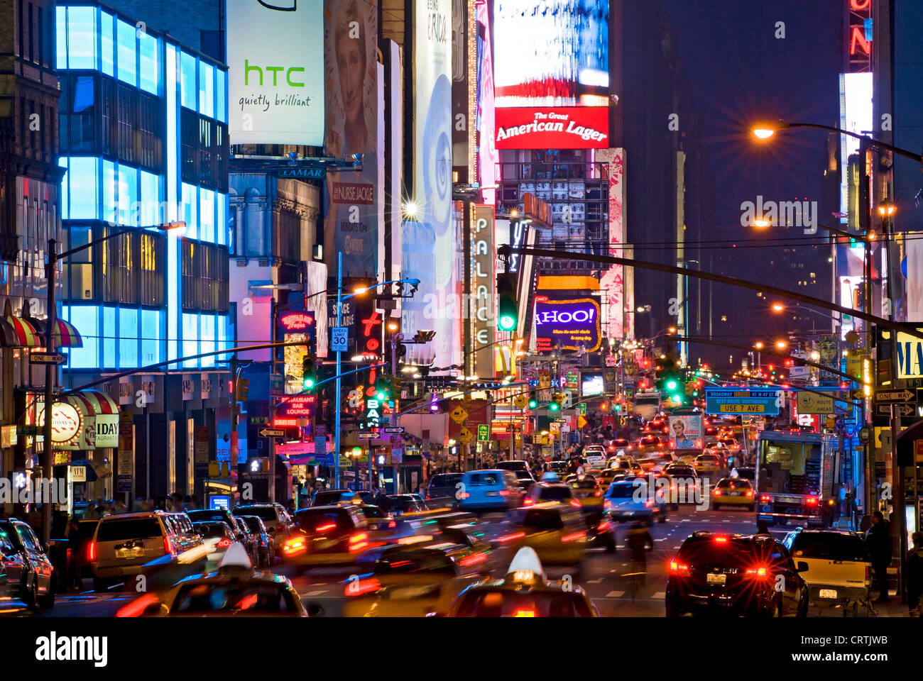 New York Street at Night Traffic Jam Times Square Seventh Avenue Manhattan Stock Photo