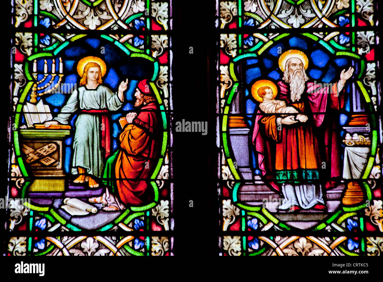 Baby Jesus Joseph Young Jesus Teaching Stained Glass National Shrine Saint Francis Assisi San Francisco California Stock Photo