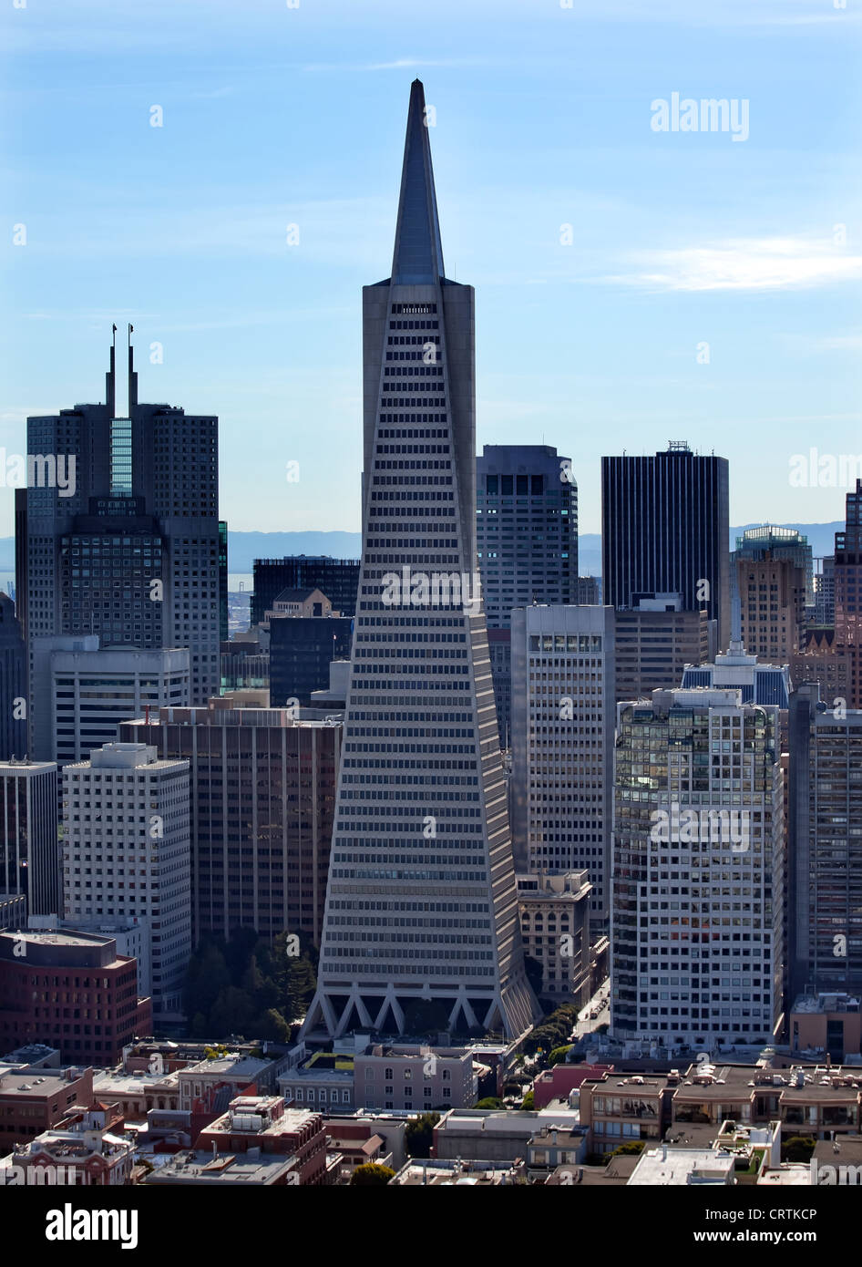 Cityscape, Buildings, Transamerica Pyramid from Coit Tower San Francisco California on Telegraph Hill. Stock Photo