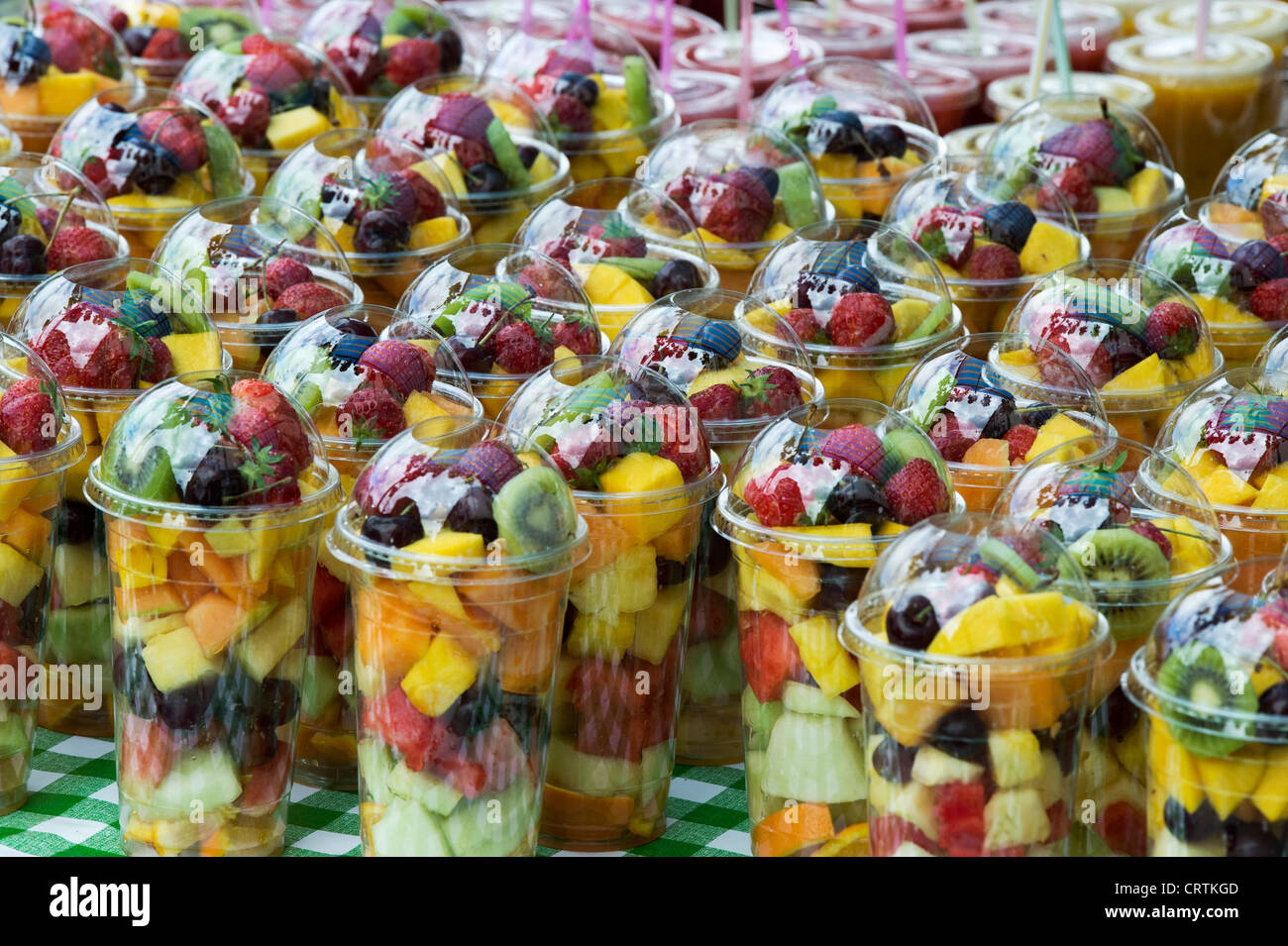 Fruit cups for sale. Brick Lane Market. Tower Hamlets, London, England