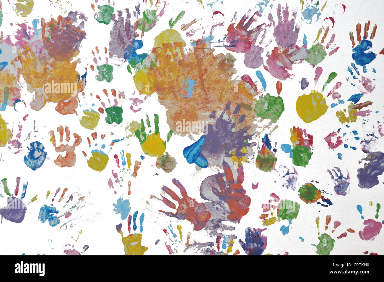 Children handprint on wall in kindergarten. Stock Photo