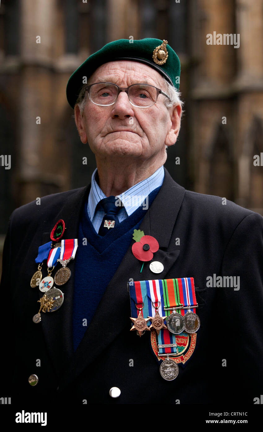 Remembrance Day at Lincoln Cathedral, UK. Cecil Butters who took part in the first wave of D Day landings at Sword Beach. Stock Photo