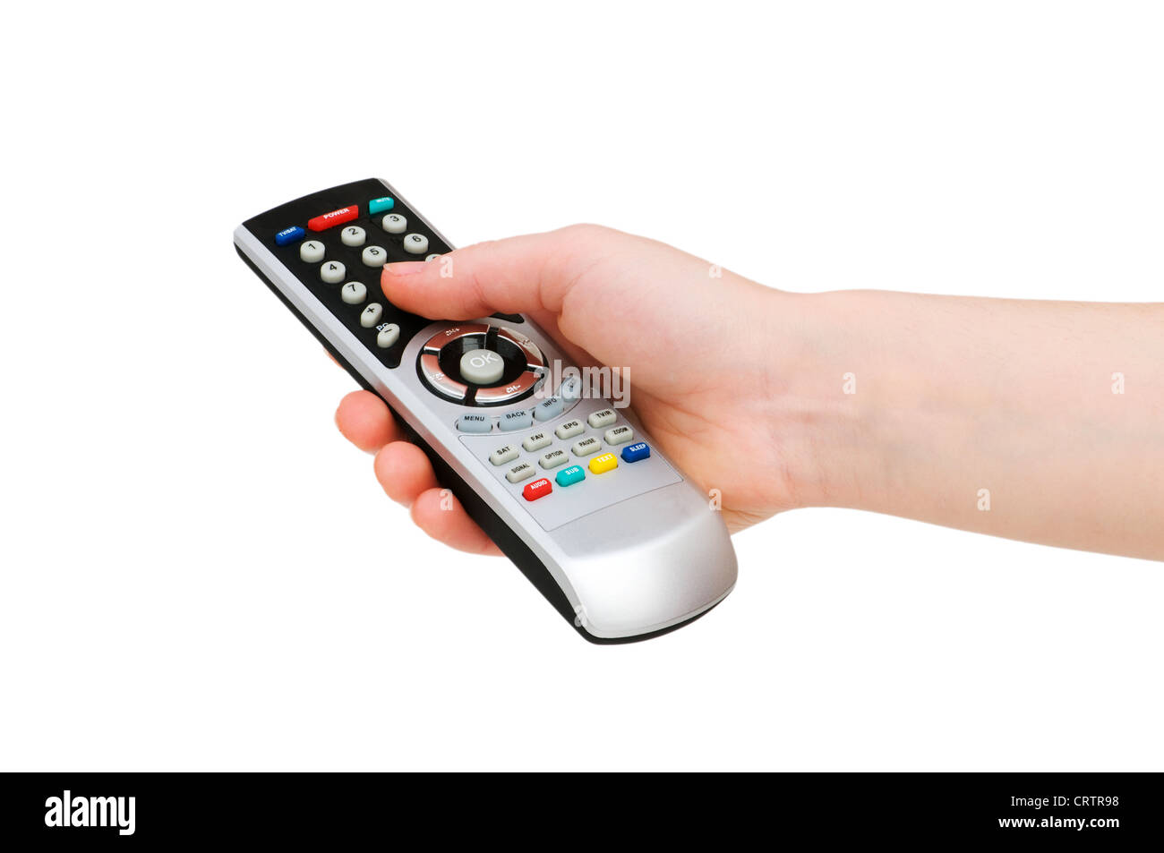 Hand Using Remote Control Hand with remote control isolated on white Stock Photo - Alamy