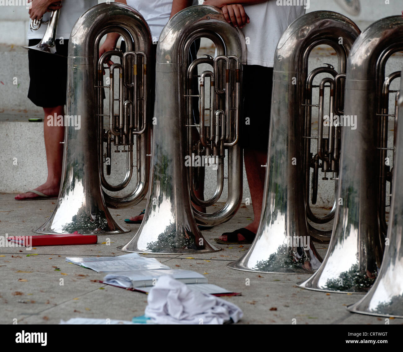 Group of young Thai boys and girls playing in a brass band in Lumpini