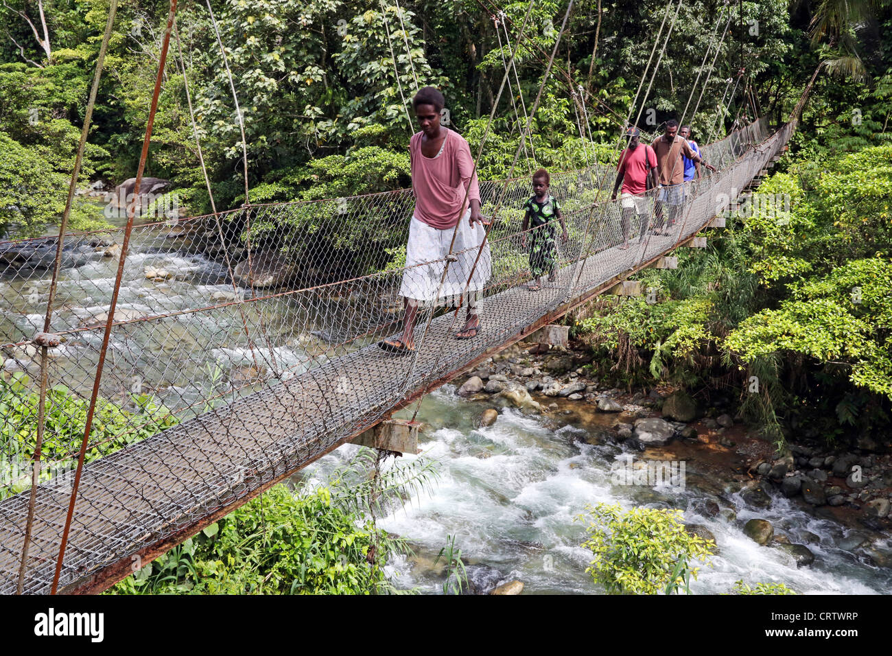 Suspension bridge near the village Sipatako, Bougainville Island, Papua New Guinea Stock Photo
